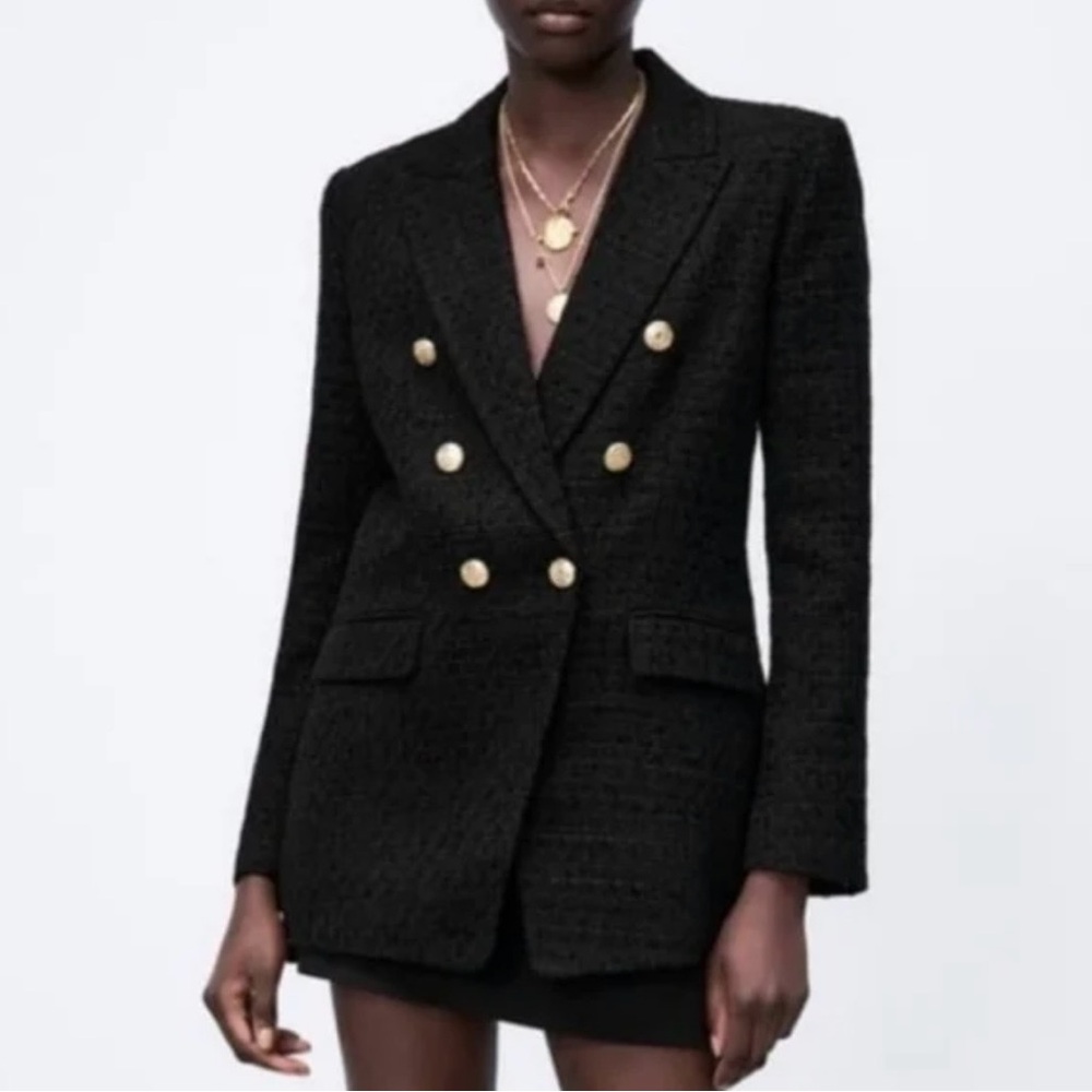 Zara Textured Black Blazer with Gold Accents